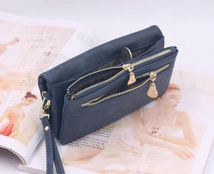 Detail view of double zipper deep blue long wallet with interior storage compartments