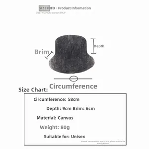 Size chart showing 58cm circumference and 6cm brim dimensions for the canvas bucket hat