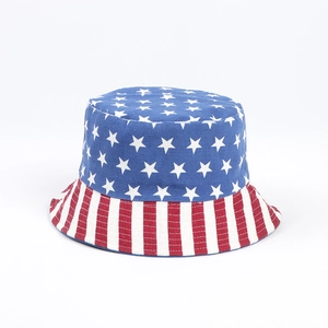 Close-up of reversible bucket hat with American flag stars and stripes pattern