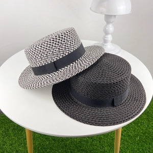 Women Flat Top Boater Hat Breathable Linen Woven Sun Protection Summer Beach Retro Style Ribbon Decor