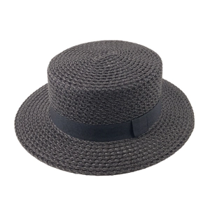 Flat top dark grey boater straw hat with black ribbon decoration for summer sun protection