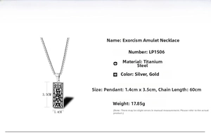 Detailed view of titanium steel exorcism rune pendant with size and material specifications