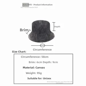Tableau des tailles pour bob réversible en toile indiquant les dimensions et la circonférence