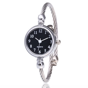 Women's minimalist quartz watch with black dial and silver cable bracelet strap