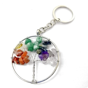 Silver tree of life keychain with multicolor crystal stones on white background