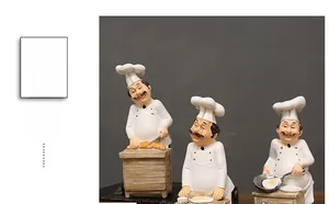 Detailed set of three European chef figurines in cooking poses for kitchen tabletop decor