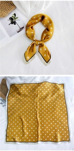 Detail of ginger silk scarf with white polka dots and contrast border in flat and knotted view