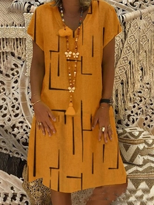 Bright yellow V-neck short sleeve dress with black geometric lines for women