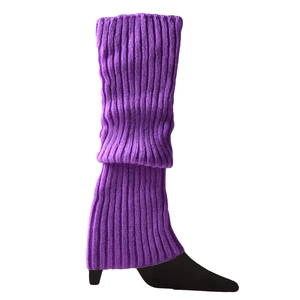 Detailed knit texture of purple ribbed leg warmers styled with high heel shoes