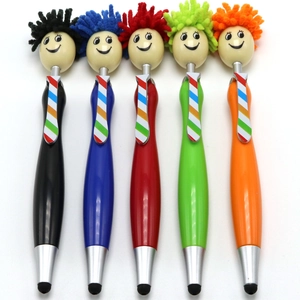 Detail of multi-color cartoon pens with microfiber hair for screen cleaning and stylus tip