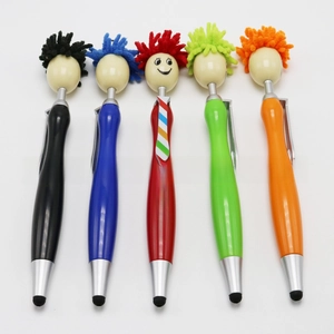 Close-up of five colorful cartoon doll pens with microfiber hair and stylus tips