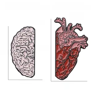 Size specifications and macro detail of anatomical brain and heart enamel pins set