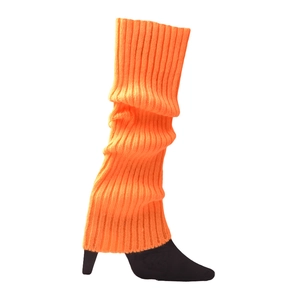 Close-up of bright orange ribbed knit leg warmers paired with black high heels