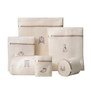 6-piece thickened mesh laundry bag set with embroidery icons and golden zippers