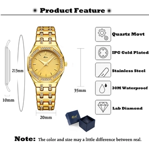 Detail view of gold quartz watch showing 35mm octagonal diamond bezel and dimensions
