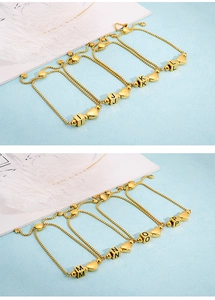 Detail view of gold stainless steel adjustable bracelets featuring letters I through P