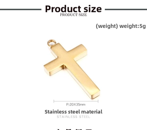 Polished gold stainless steel cross pendant with 20x35mm product size and 5g weight specs
