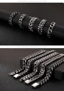 Macro detail of men's punk skull bracelets in titanium steel with vintage silver finish