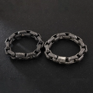 Men's vintage punk stainless steel bracelet set with carved patterns in silver finish