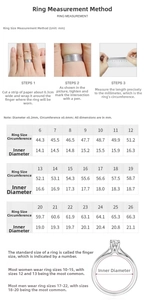 Detailed size chart for s925 silver rings with inner diameter and circumference in mm