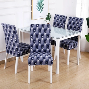 Detail of navy blue stretch chair cover with 3D diamond lattice and faux leather pattern