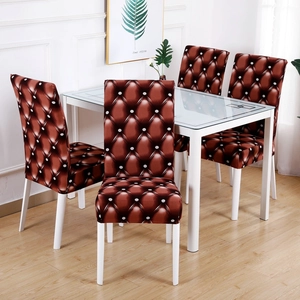 Detail of red-brown stretch chair cover with faux leather diamond texture and white buttons