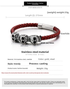 Size guide for punk braided leather bracelet featuring detailed 316L stainless steel skulls