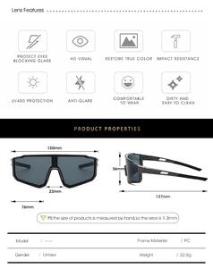 Infographic showing UV400 protection and dimensions of black sporty outdoor sunglasses