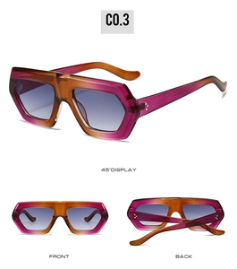 Three-way view of hexagonal sunglasses with pink and orange gradient frames