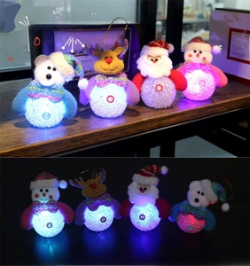 Detailed view of LED Christmas ornaments showing color-changing lights in dark and bright settings