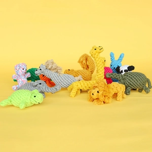 Various animal-shaped braided cotton rope chew toys for dogs in vibrant colors