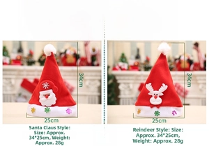 Detail view of red felt Christmas hats with Santa and Reindeer appliques and dimensions