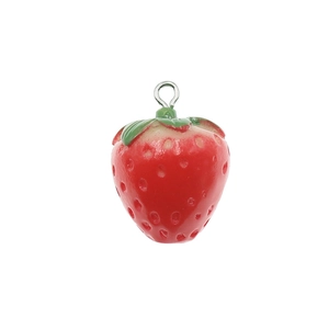 Miniature resin strawberry pendant with green leaves for DIY keychains and jewelry