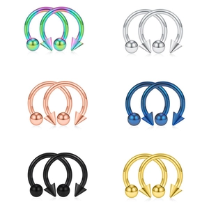 Detailed set of horseshoe circular barbells in rainbow, silver, and gold steel finishes