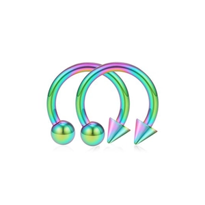 Rainbow surgical steel horseshoe ring set with ball and cone ends for body piercing