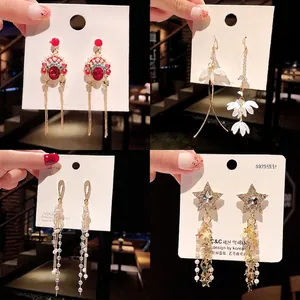 Long Tassel Dangle Earrings For Women Alloy Cubic Zirconia Butterfly Star Flower Design With 925 Sterling Silver Earring Post Elegant Korean Style Jewelry