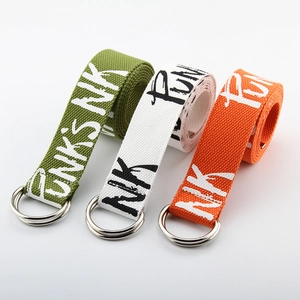 Canvas double D-ring belts in olive green, white and orange with PUNKS NK typography