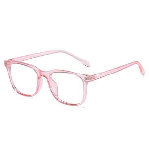 Pink transparent TR90 full-frame eyeglasses shown from a stylish 45-degree side angle