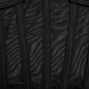 Detailed close-up of breathable black mesh fabric with structured corset boning seams