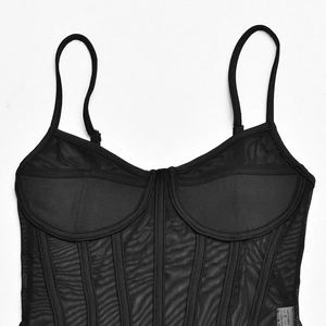 Detail of black mesh bodysuit showing underwire cups and vertical boning structure
