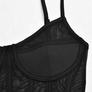 Detail of black mesh bodysuit featuring corset style boning and built-in bra cups