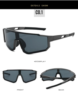 Three-angle view of matte black cycling sunglasses with grey wide shield lens