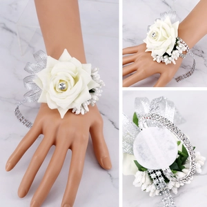 Wedding Wrist Corsage Velvet Rose With Rhinestone Ribbon Bridal Bridesmaid Party Banquet Handmade Bracelet Accessory
