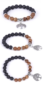 Three beaded bracelets featuring brown wood, black lava stone and tree of life charms