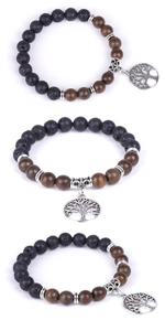 Detailed view of Tree of Life charm bracelet with black lava and wood beads in 3 angles