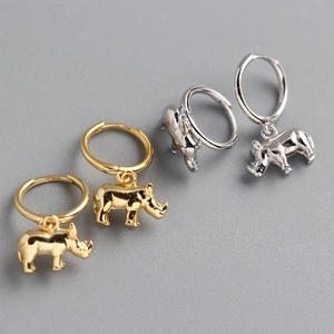 Rhino Charm Huggie Hoop Earrings 925 Sterling Silver Polished Minimalist Animal Jewelry For Women