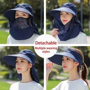 Navy blue multi-way sun hat for women with detachable neck flap and face mask protection