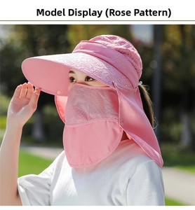 Dettaglio cappello parasole rosa con ricamo in pizzo e maschera facciale traspirante