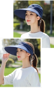 Dettaglio di un cappello da sole blu navy con ricamo in pizzo e tesa larga per protezione UV