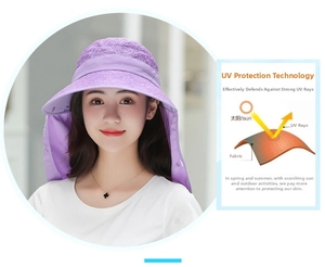 Dettaglio cappello parasole viola a tesa larga con protezione per il collo e pizzo